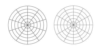 Wheel of life template set. Coaching tool for visualizing all areas of life. Vector circle diagram of life style balance. Polar grid with segments, concentric circles. Blank of polar graph paper.