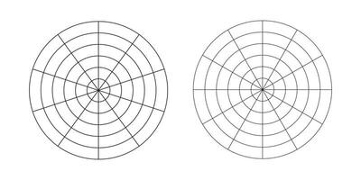 Wheel of life template set. Coaching tool for visualizing all areas of life. Vector circle diagram of life style balance. Polar grid with segments, concentric circles. Blank of polar graph paper.