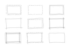 Set of hand drawn rectangle frames. Simple doodle rectangular shapes. Scribble square text box. Highlighting elements. Lined border. Vector graphic illustration.