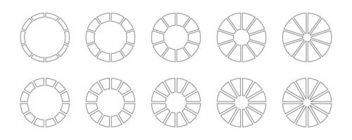 Circle division on 10, 12 equal parts. Wheel round divided diagrams with ten, twelve segments. Set of infographic. Coaching blank. Section graph line art. Pie, pizza chart icons. Outline donut charts. vector