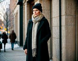 ai generado foto de hermosa mujer con invierno Saco en pie en frente de edificio en invierno estación, generativo ai