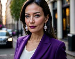 AI generated photo of beautiful woman with black turtleneck and bold purple suit and purple trouser standing at street in the morning, generative AI