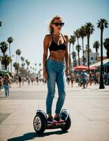 AI generated photo of beautiful woman with sunglasses and helmet riding segway scooter at sand beach city street, generative AI