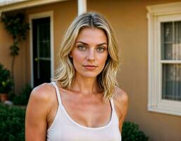 AI generated photo of beautiful woman standing at her resident, generative AI