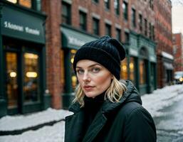 ai generado foto de hermosa mujer con invierno Saco en pie en frente de edificio en invierno estación, generativo ai