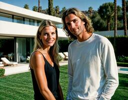 AI generated photo of beautiful and handsome lover standing at their penthouse resident, generative AI
