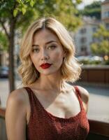AI generated photo of beautiful woman with red print sleeveless dress and blonde hair at europe street, generative AI