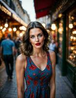 AI generated photo of beautiful woman with print sleeveless dress and big red lips and blue eyes at europe street, generative AI