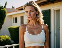 AI generated photo of beautiful woman standing at her resident, generative AI