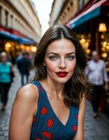 AI generated photo of beautiful woman with print sleeveless dress and big red lips and blue eyes at europe street, generative AI