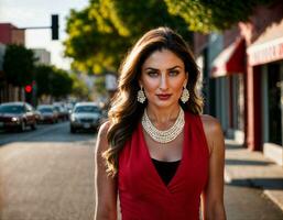 AI generated photo of beautiful indian woman with red sleeveless suit and pearl necklace standing at the pavement city, generative AI