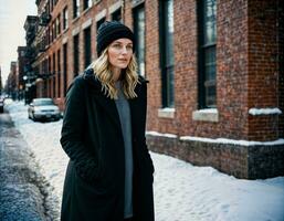 AI generated photo of beautiful woman with winter coat standing in front of building in winter season, generative AI