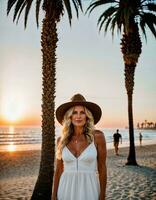 AI generated photo of beautiful woman with white cotton dress and cowboy hat and blonde hair at palm sand beach city street, generative AI