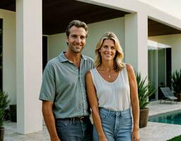 AI generated photo of beautiful and handsome lover standing at their penthouse resident, generative AI