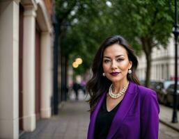 AI generated photo of beautiful woman with black turtleneck and bold purple suit and purple trouser standing at street in the morning, generative AI