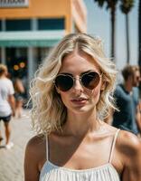 AI generated photo of beautiful woman with sunglasses and blonde hair at sand beach city street, generative AI