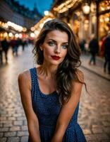 AI generated photo of beautiful woman with print sleeveless dress and big red lips and blue eyes at europe street, generative AI