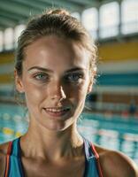 AI generated photo of beautiful woman as a swimmer athlete with swimming suit at swimming pool, generative AI