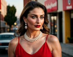 AI generated photo of beautiful indian woman with red sleeveless suit and pearl necklace standing at the pavement city, generative AI