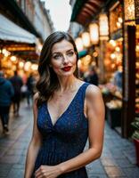 AI generated photo of beautiful woman with print sleeveless dress and big red lips and blue eyes at europe street, generative AI