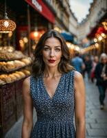 AI generated photo of beautiful woman with print sleeveless dress and big red lips and blue eyes at europe street, generative AI