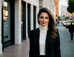 AI generated photo of beautiful indian woman with with white turtle neck sweater and necklace standing at the pavement city, generative AI