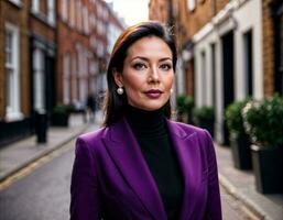 AI generated photo of beautiful woman with black turtleneck and bold purple suit and purple trouser standing at street in the morning, generative AI