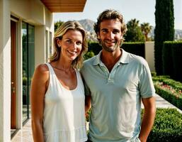 AI generated photo of beautiful and handsome lover standing at their penthouse resident, generative AI