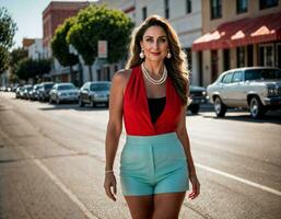 AI generated photo of beautiful indian woman with red sleeveless suit and pearl necklace standing at the pavement city, generative AI