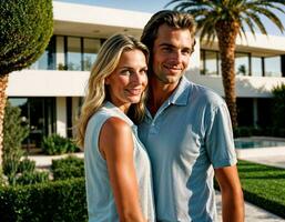 AI generated photo of beautiful and handsome lover standing at their penthouse resident, generative AI