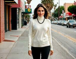 AI generated photo of beautiful indian woman with with white turtle neck sweater and necklace standing at the pavement city, generative AI