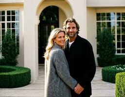 AI generated photo of beautiful and handsome lover standing at their penthouse resident, generative AI