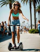 ai generado foto de hermosa mujer con Gafas de sol y casco montando segway scooter a arena playa ciudad calle, generativo ai