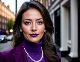 AI generated photo of beautiful woman with black turtleneck and bold purple suit and purple trouser standing at street in the morning, generative AI