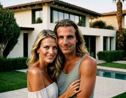 AI generated photo of beautiful and handsome lover standing at their penthouse resident, generative AI
