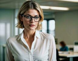 AI generated photo of beautiful woman with blonde hair and white shirt top and glasses as a office secretary standing at the office, generative AI