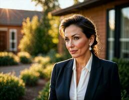 AI generated photo of beautiful woman with navy Sleeveless Waistcoat Suit standing at outside her house, generative AI