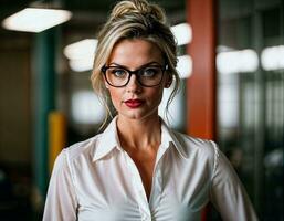 AI generated photo of beautiful woman with blonde hair and white shirt top and glasses as a office secretary standing at the office, generative AI