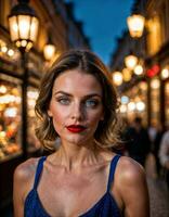 AI generated photo of beautiful woman with print sleeveless dress and big red lips and blue eyes at europe street, generative AI