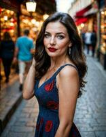 AI generated photo of beautiful woman with print sleeveless dress and big red lips and blue eyes at europe street, generative AI