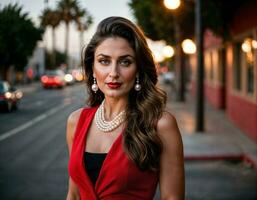 ai generado foto de hermosa indio mujer con rojo sin mangas traje y perla collar en pie a el pavimento ciudad, generativo ai