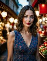 AI generated photo of beautiful woman with print sleeveless dress and big red lips and blue eyes at europe street, generative AI