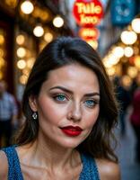 AI generated photo of beautiful woman with print sleeveless dress and big red lips and blue eyes at europe street, generative AI