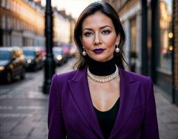 AI generated photo of beautiful woman with black turtleneck and bold purple suit and purple trouser standing at street in the morning, generative AI