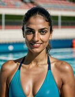 AI generated photo of beautiful woman as a swimmer athlete with swimming suit at swimming pool, generative AI