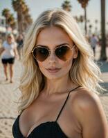 ai generado foto de hermosa mujer con Gafas de sol y rubia pelo a arena playa ciudad calle, generativo ai