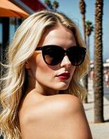 ai generado foto de hermosa mujer con Gafas de sol y rubia pelo a arena playa ciudad calle, generativo ai