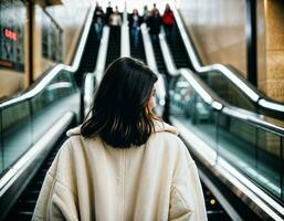 AI generated photo of beautiful woman with winter coat standing in front of escalator, generative AI