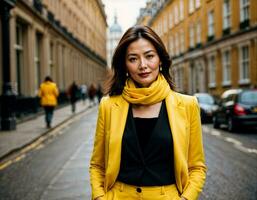 AI generated photo of beautiful asian woman with yellow suit and scarf standing at street and bridge in the morning, generative AI