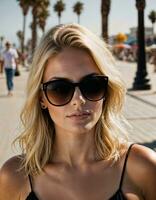 ai generado foto de hermosa mujer con Gafas de sol y rubia pelo a arena playa ciudad calle, generativo ai